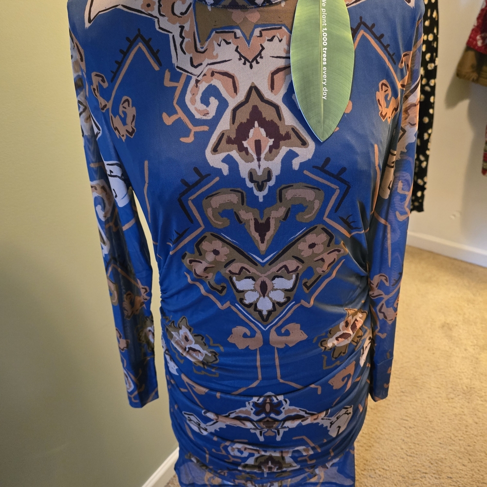 FARM Rio Blue and Brown Long Sleeve Dress